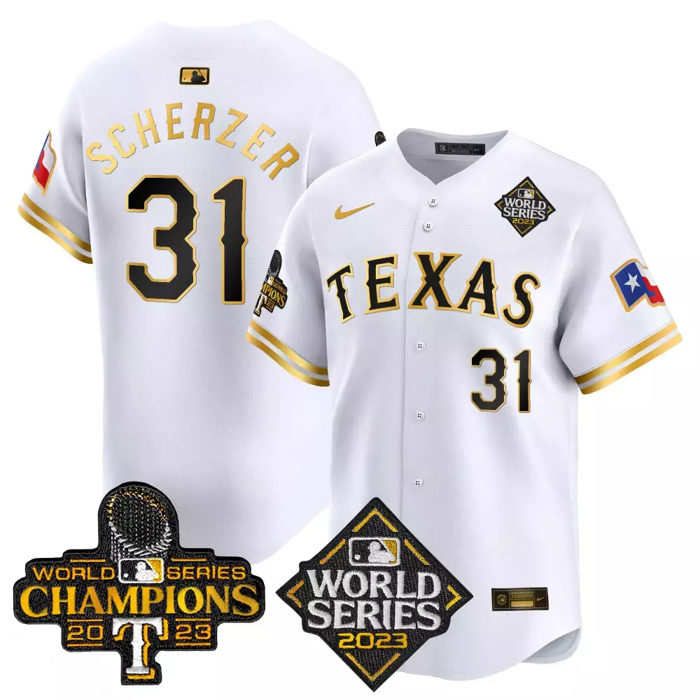 Max Scherzer Texas Rangers World Series Champions Vapor Premier Limited Jersey V2 | White Gold Stitched | Limited Edition Fan Gear | For Men, Women & Youth
