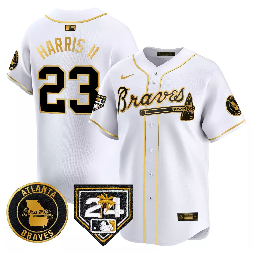 Michael Harris II White Gold Men's Atlanta Braves 2024 Spring Training Georgia Patch Vapor Premier Limited Jersey | All Stitched | For Men, Women & Youth