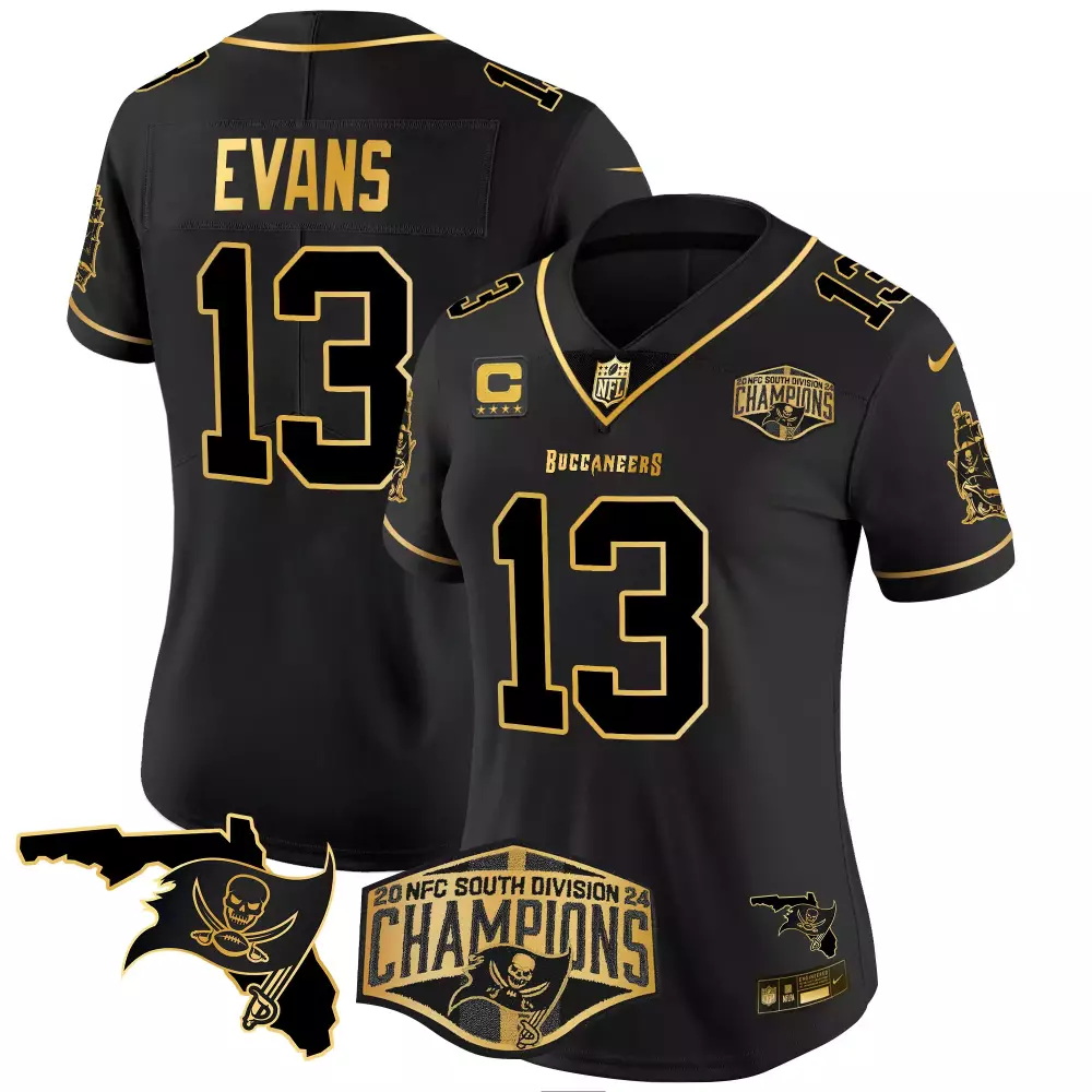 mike evans black gold womens tampa bay buccaneers 2023 nfc south champions patch gold vapor jersey all stitched