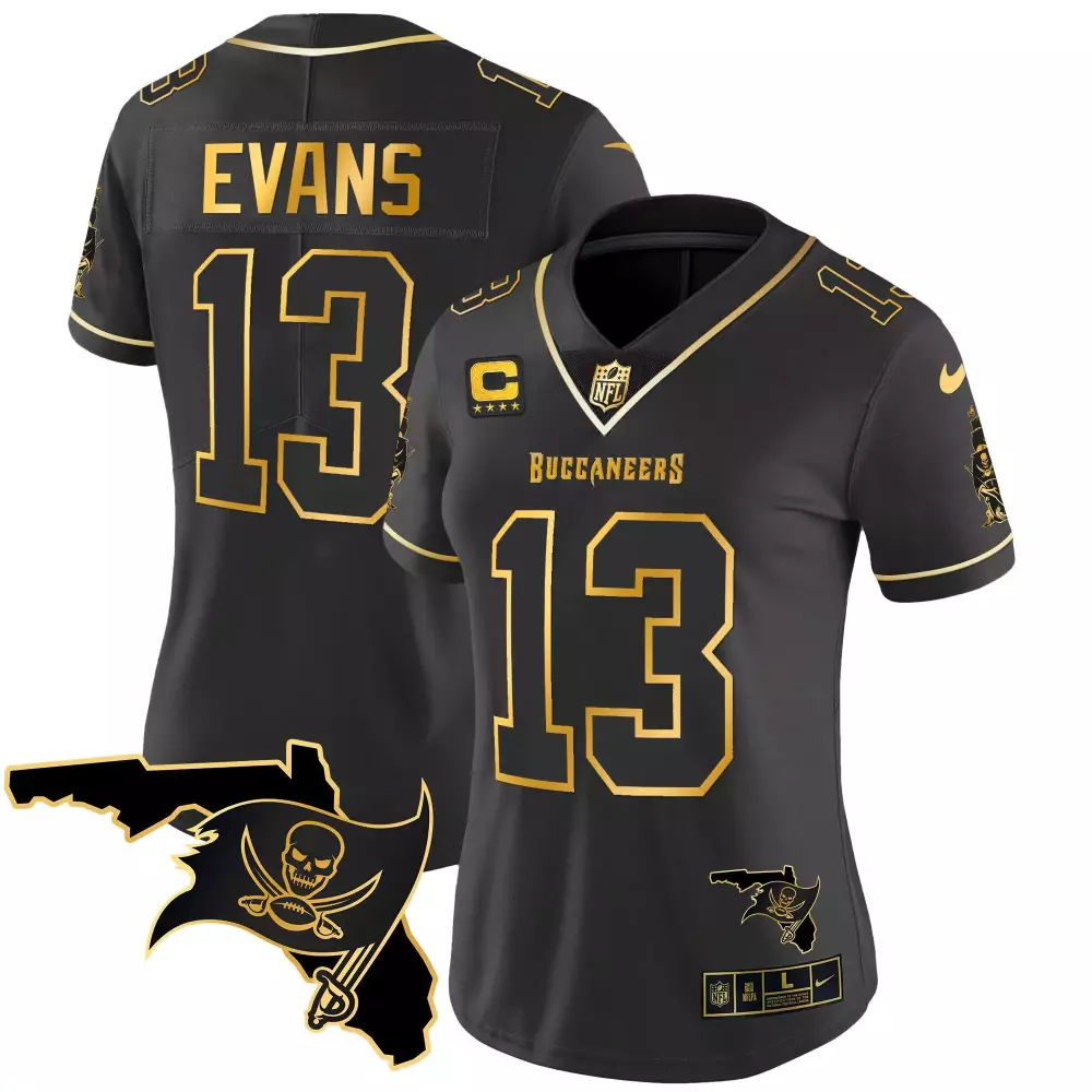 mike evans black gold womens tampa bay buccaneers 2023 nfc south champions patch gold vapor jersey all stitched