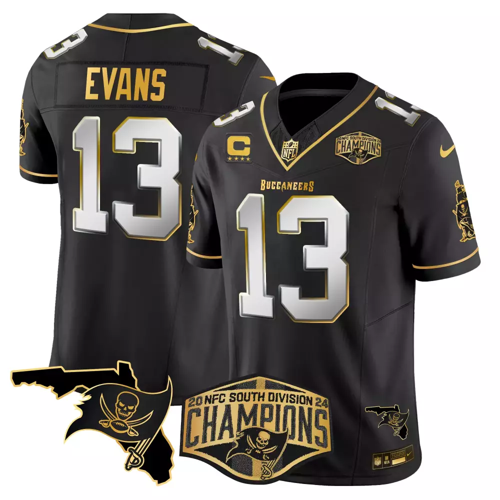 mike evans black limited mens tampa bay buccaneers 2023 nfc south champions patch gold vapor jersey all stitched