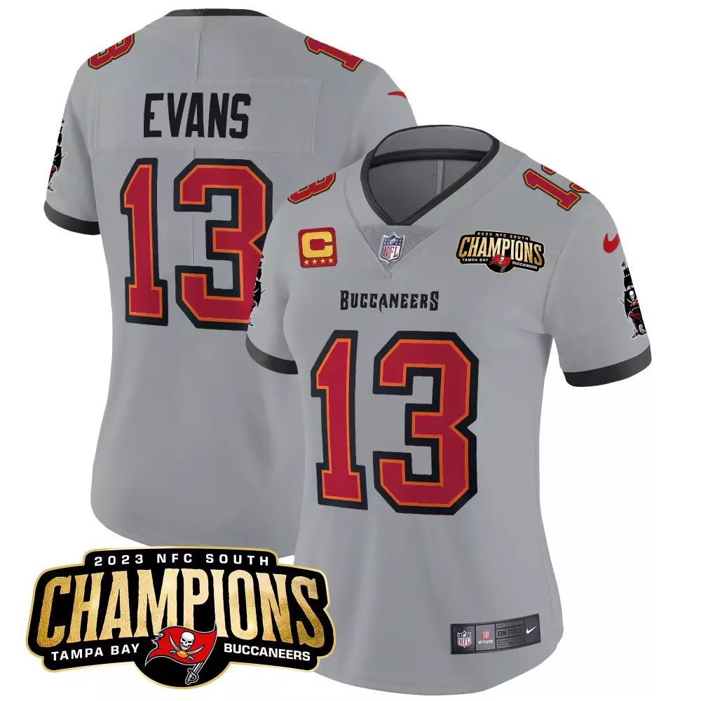 mike evans gray womens tampa bay buccaneers 2023 nfc south champions patch vapor jersey all stitched