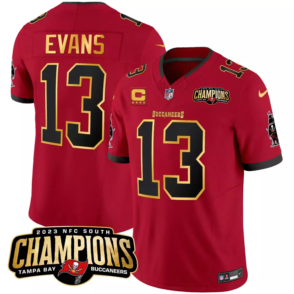 mike evans red mens tampa bay buccaneers 2023 nfc south champions patch gold trim vapor jersey all stitched