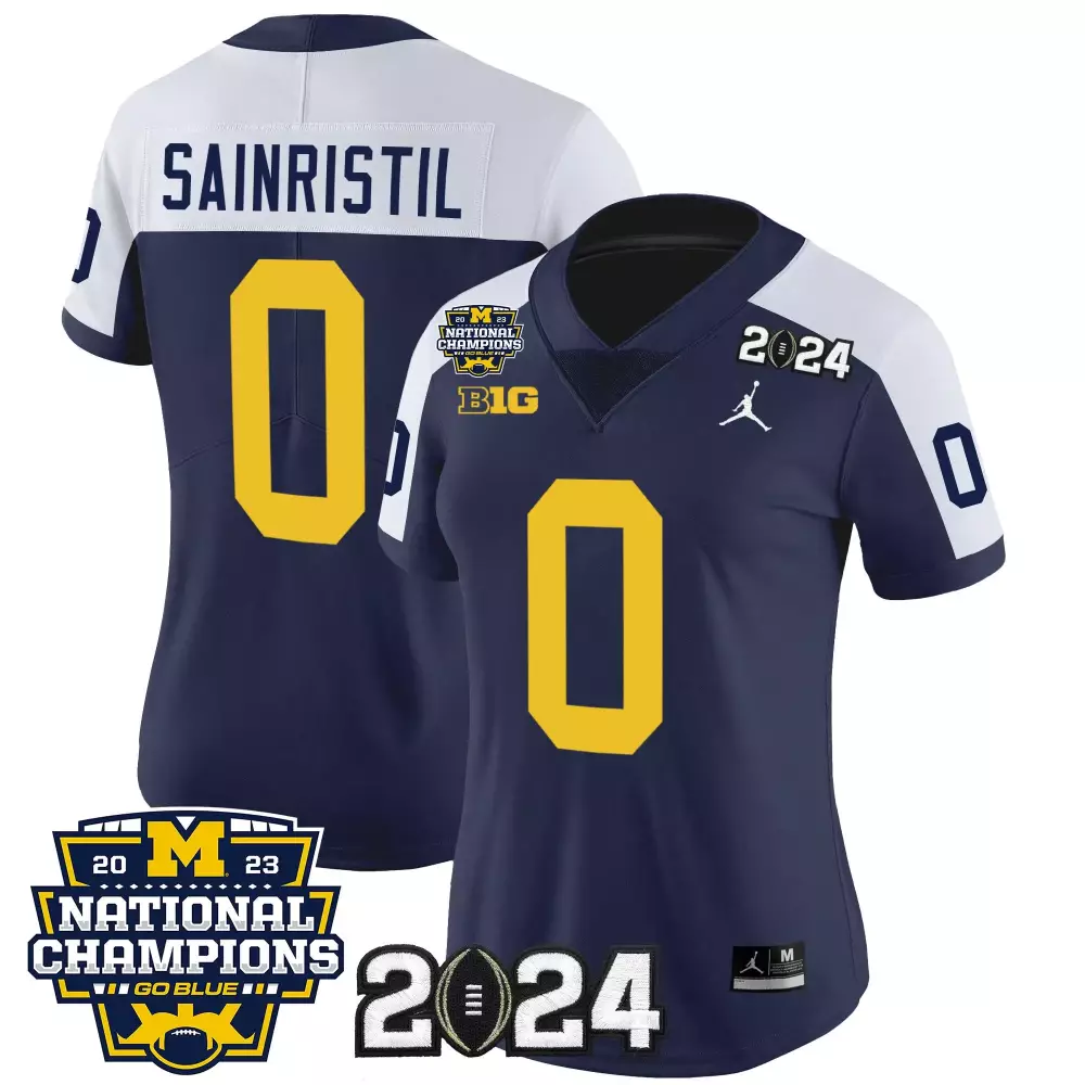 Mike Sainristil Women's Michigan Wolverines 2023 National Champions Patch Vapor Jersey | All Stitched Fan Gear | For Men, Women & Youth