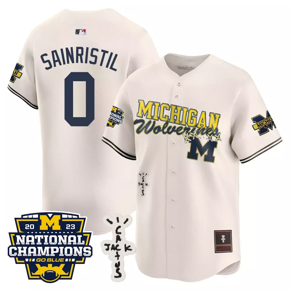 Mike Sainristil Cream Men's Michigan Wolverines Cactus Jack Champions Baseball Jersey | All Stitched Fan Gear | For Men, Women & Youth