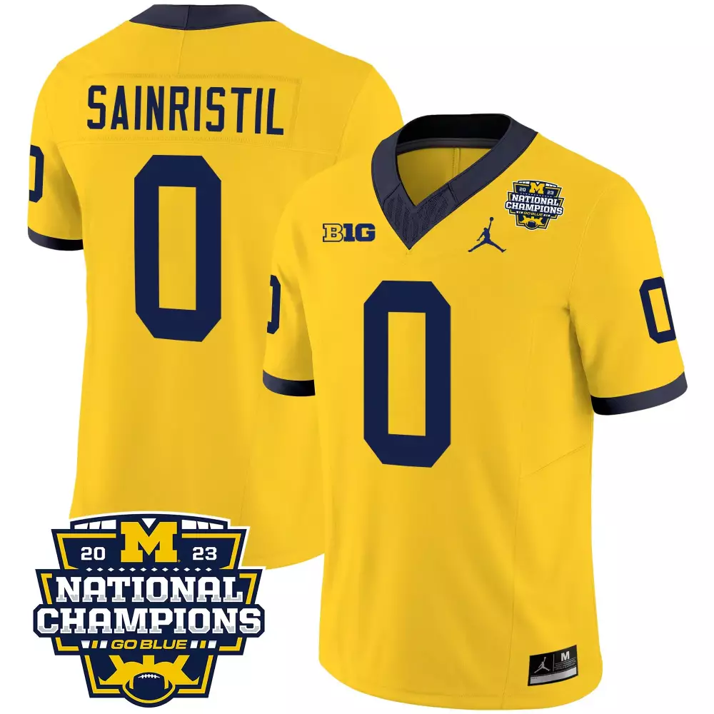 Mike Sainristil Maize Men's Michigan Wolverines 2023 National Champions Patch Vapor Jersey V4 | All Stitched Fan Gear | For Men, Women & Youth