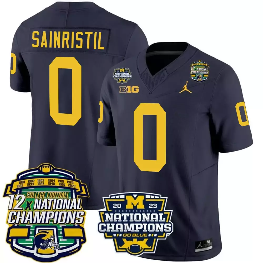 Mike Sainristil Navy Michigan Wolverines 12x National Champions Patch Vapor Jersey | Stitched | Replica Fan Gear | For Men, Women & Youth