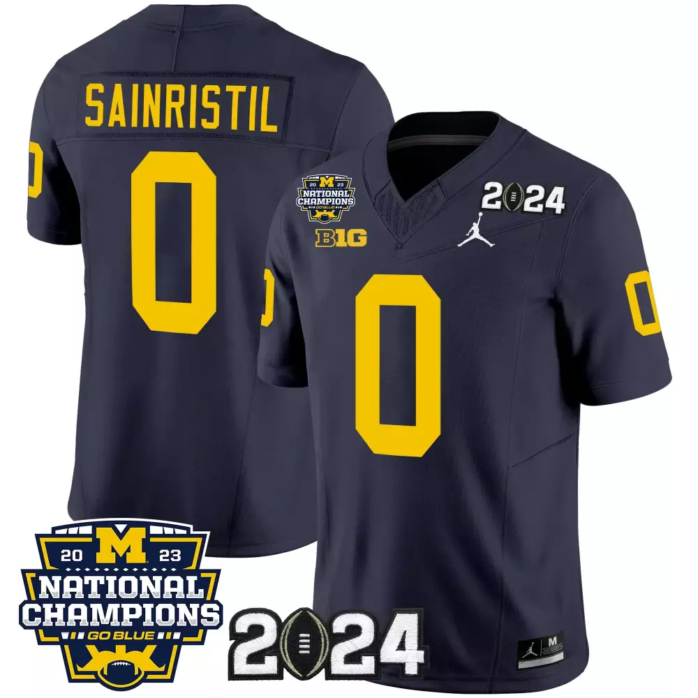 Mike Sainristil Navy Michigan Wolverines 12x National Champions Patch Vapor Jersey | Stitched | Replica Fan Gear | For Men, Women & Youth