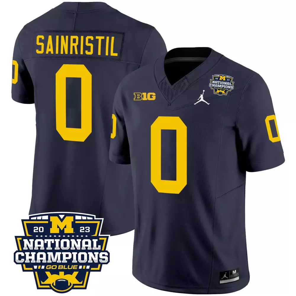 Mike Sainristil Navy Michigan Wolverines 12x National Champions Patch Vapor Jersey | Stitched | Replica Fan Gear | For Men, Women & Youth