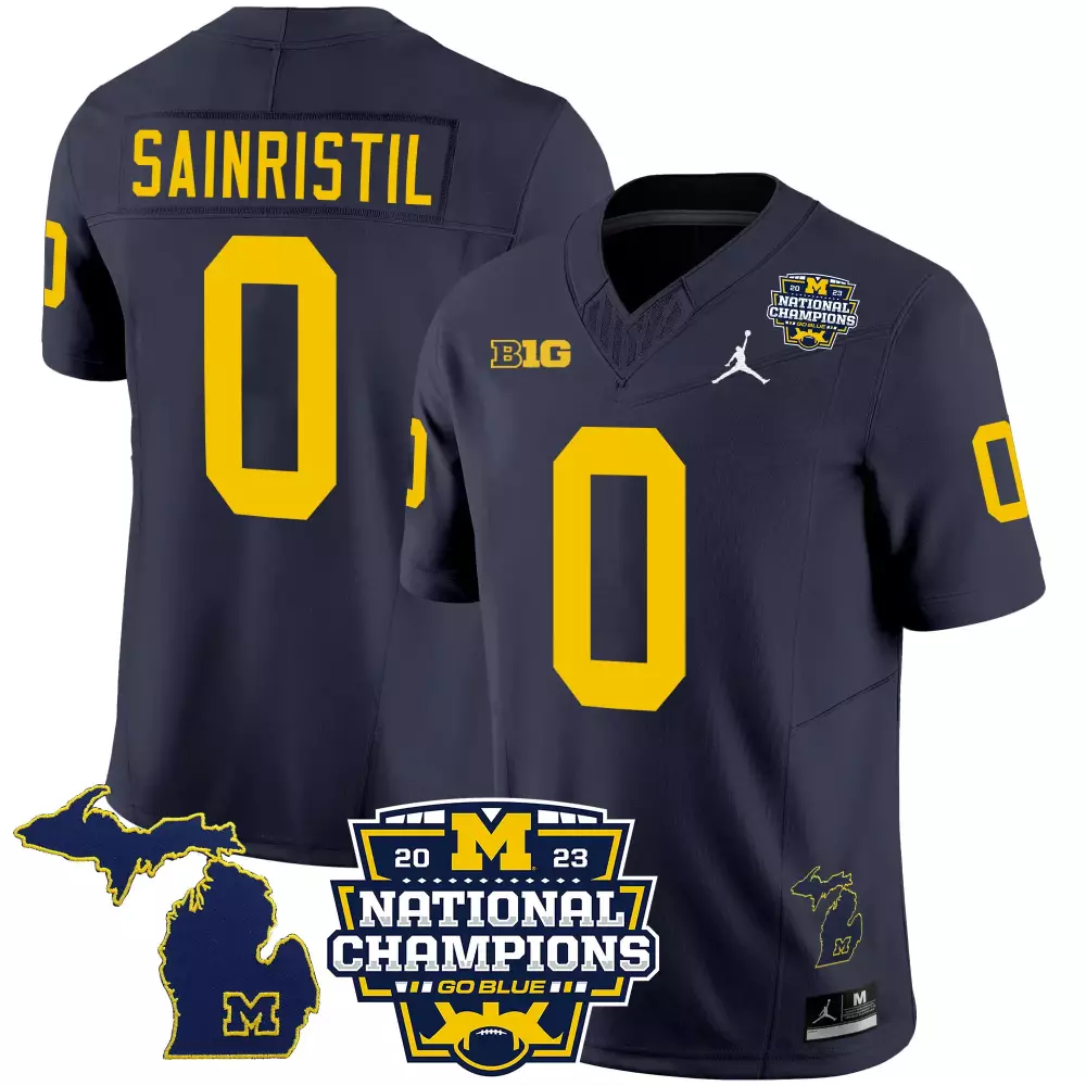 Mike Sainristil Navy Michigan Wolverines 12x National Champions Patch Vapor Jersey | Stitched | Replica Fan Gear | For Men, Women & Youth