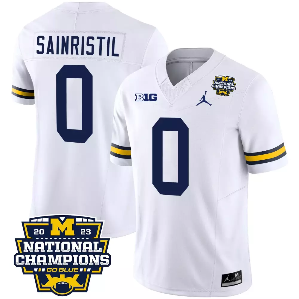 Sainristil Michigan Wolverines 2023 National Champions White Jersey | Stitched Vapor Style | Replica Fan Gear | For Men, Women & Youth