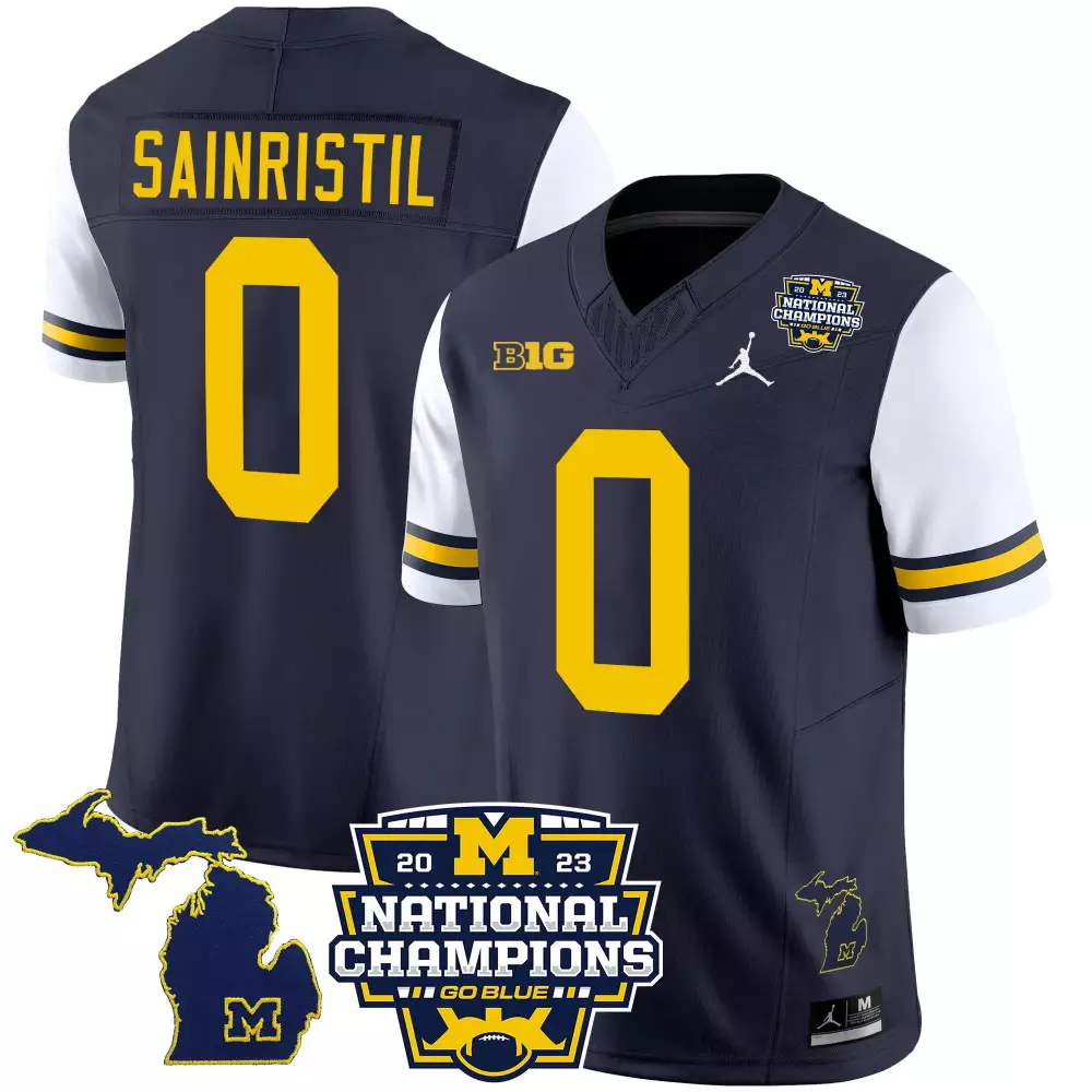 Sainristil Michigan Wolverines 2023 National Champions White Sleeves Jersey | Stitched Vapor Style | Replica Fan Gear | For Men, Women & Youth