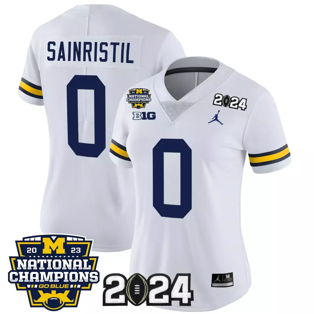 Mike Sainristil Women's Michigan Wolverines 2023 National Champions Patch Vapor Jersey | All Stitched Fan Gear | For Men, Women & Youth