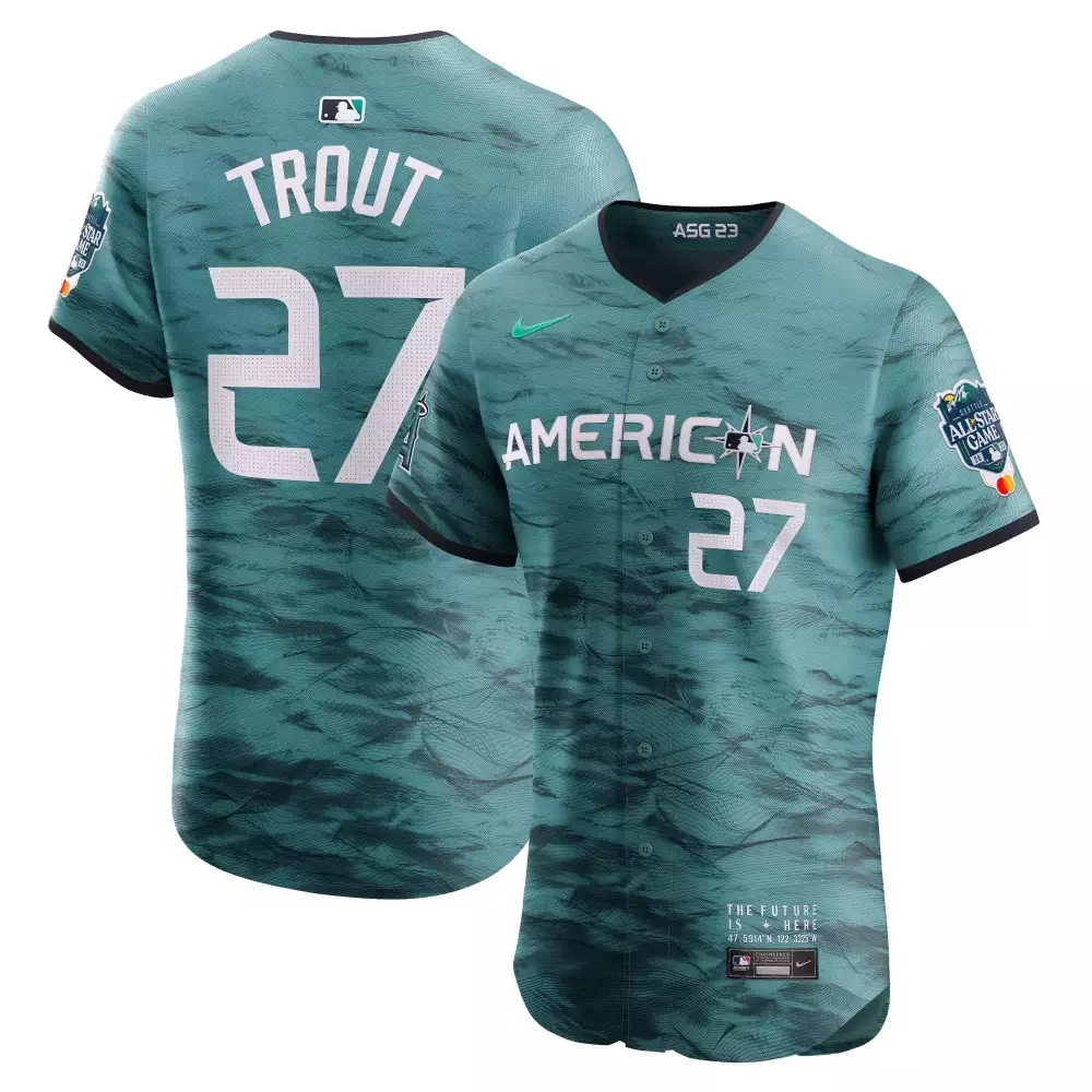 mike trout flex base mens texas rangers american league 2023 allstar game teal jersey all stitched