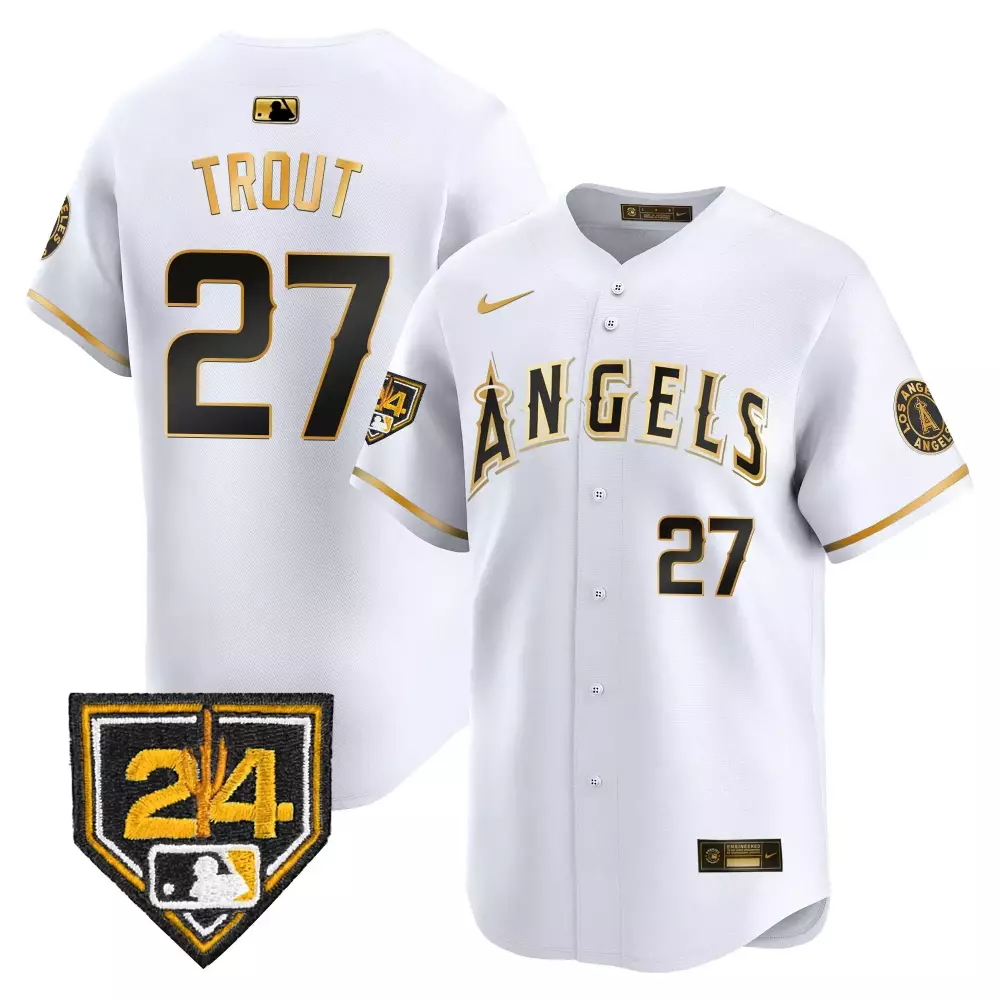 mike trout white gold mens los angeles angels 2024 spring training patch vapor premier limited jersey all stitched
