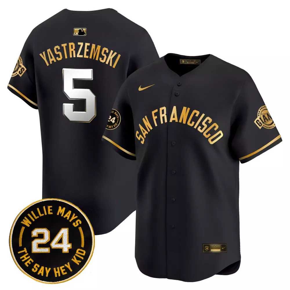 mike yastrzemski black gold mens san francisco giants 2024 willie mays patch vapor premier limited jersey v5 all stitche