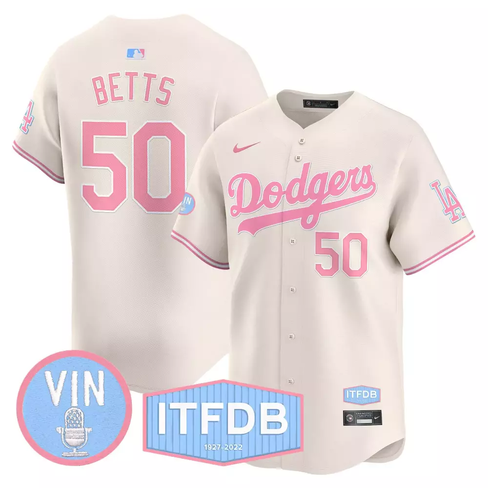 mookie betts cream unisex los angeles dodgers vin itfdb patch bubblegum pink vapor premier limited jersey all stitched