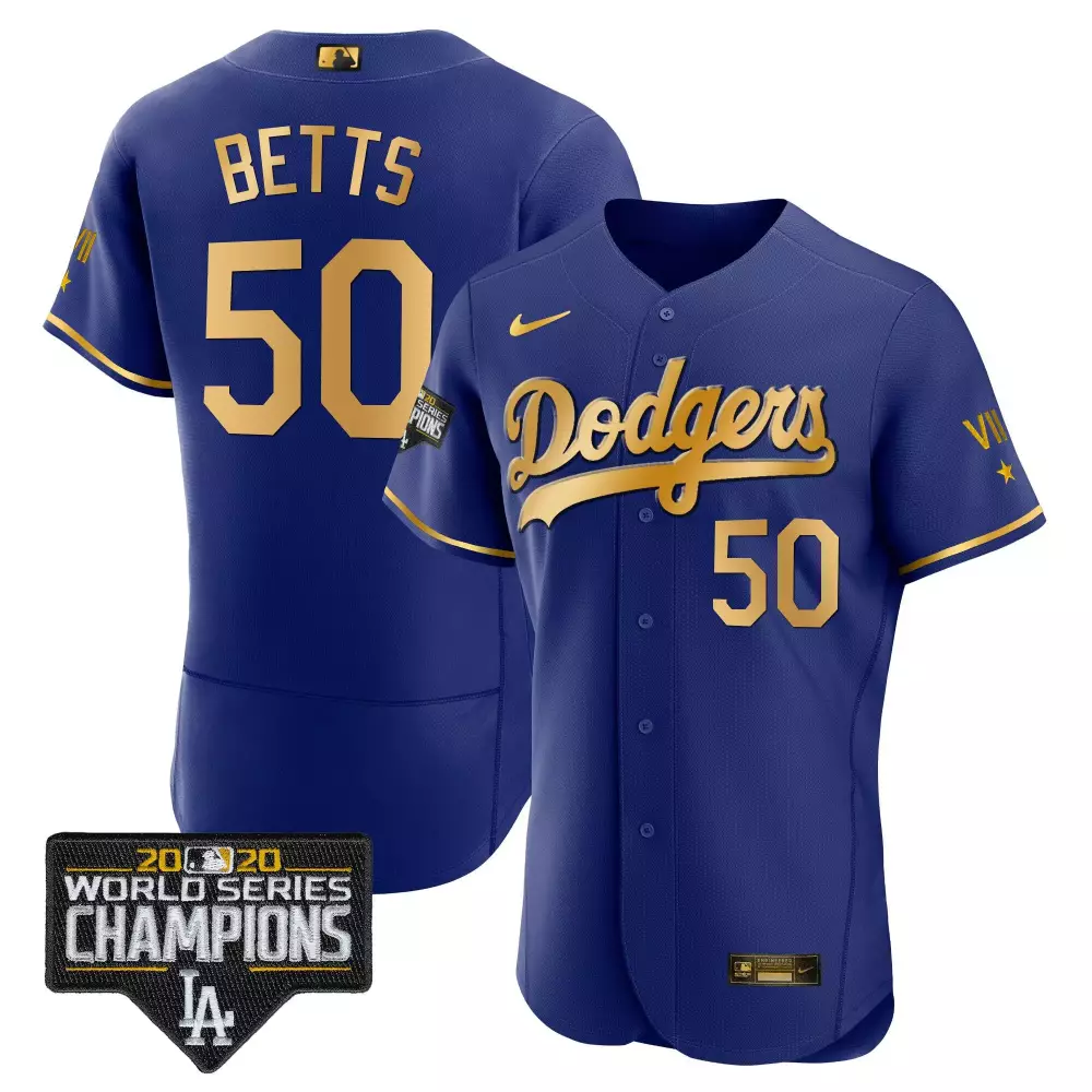 mookie betts flex royal mens los angeles dodgers world series 2020 gold jersey all stitched