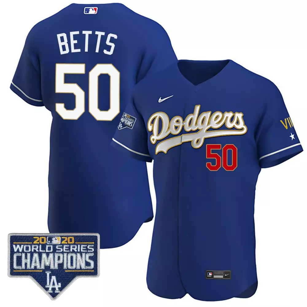 mookie betts flex royal mens los angeles dodgers world series 2020 gold jersey all stitched