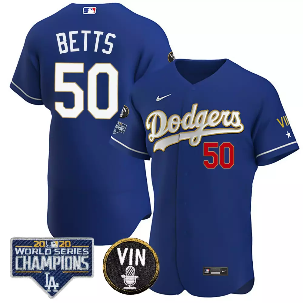 mookie betts flex royal mens los angeles dodgers world series 2020 gold jersey all stitched