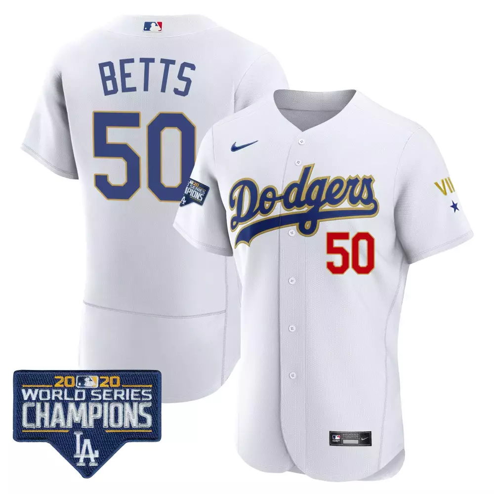 mookie betts flex white mens los angeles dodgers world series 2020 gold jersey all stitched