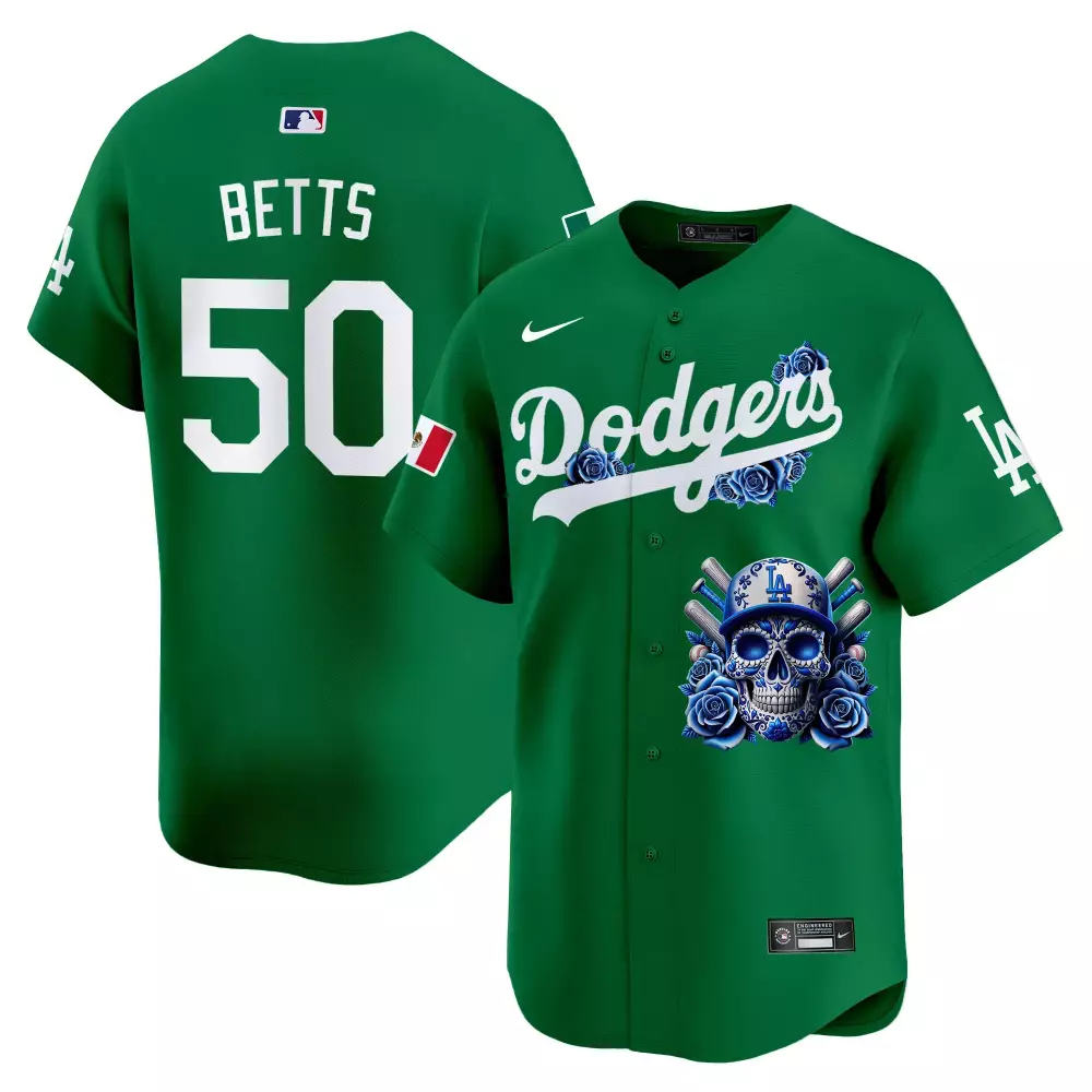 mookie betts green mens los angeles dodgers paisley sugar skull vapor premier limited jersey printed