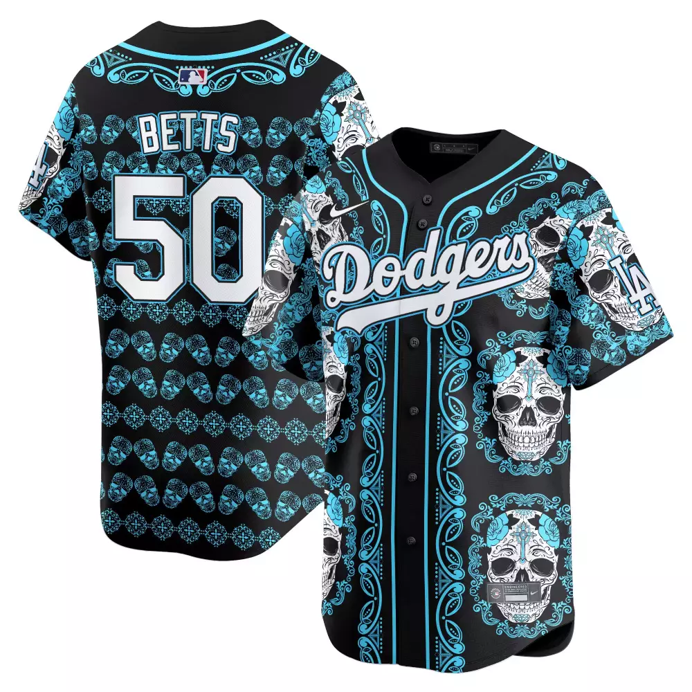 mookie betts light blue mens los angeles dodgers paisley sugar skull vapor premier limited jersey printed