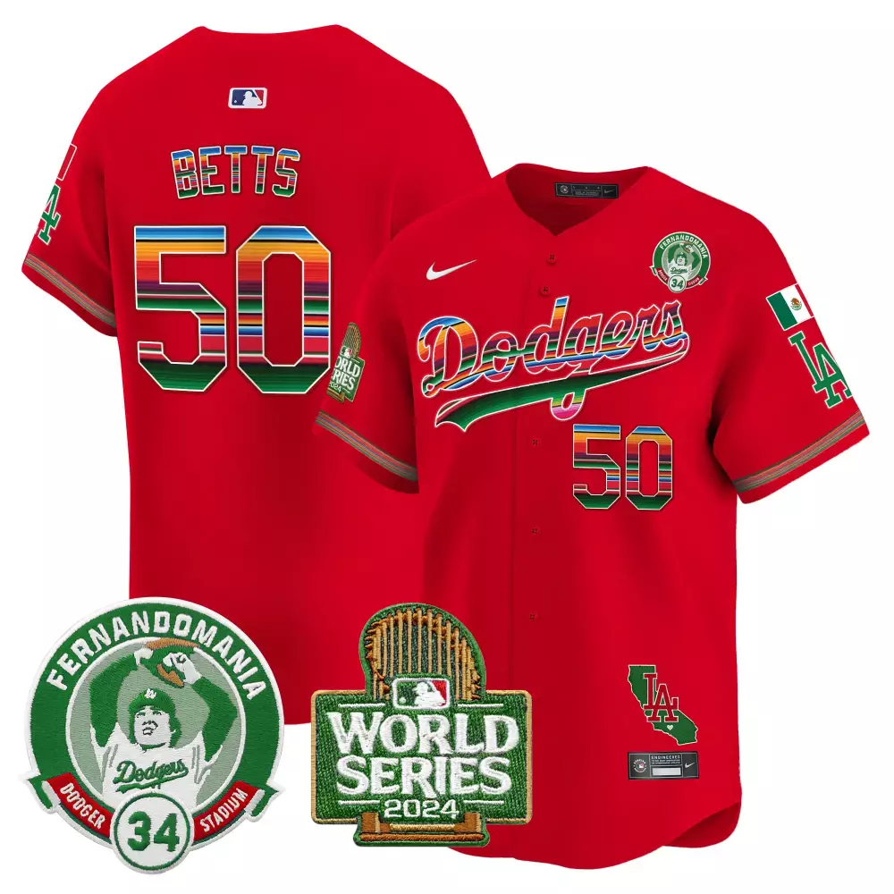 mookie betts red mens los angeles dodgers mexico fernando memorial 2024 world series patch vapor premier limited jersey 1