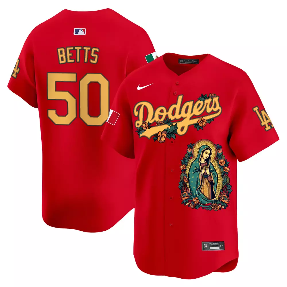 mookie betts red mens los angeles dodgers mexico fernando memorial 2024 world series patch vapor premier limited jersey 1