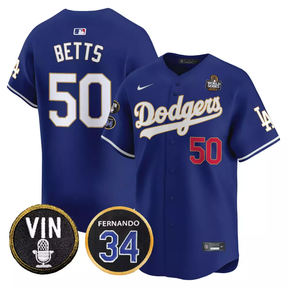 mookie betts royal mens los angeles dodgers 2024 world series gold trim vapor premier limited jersey v3 all stitched