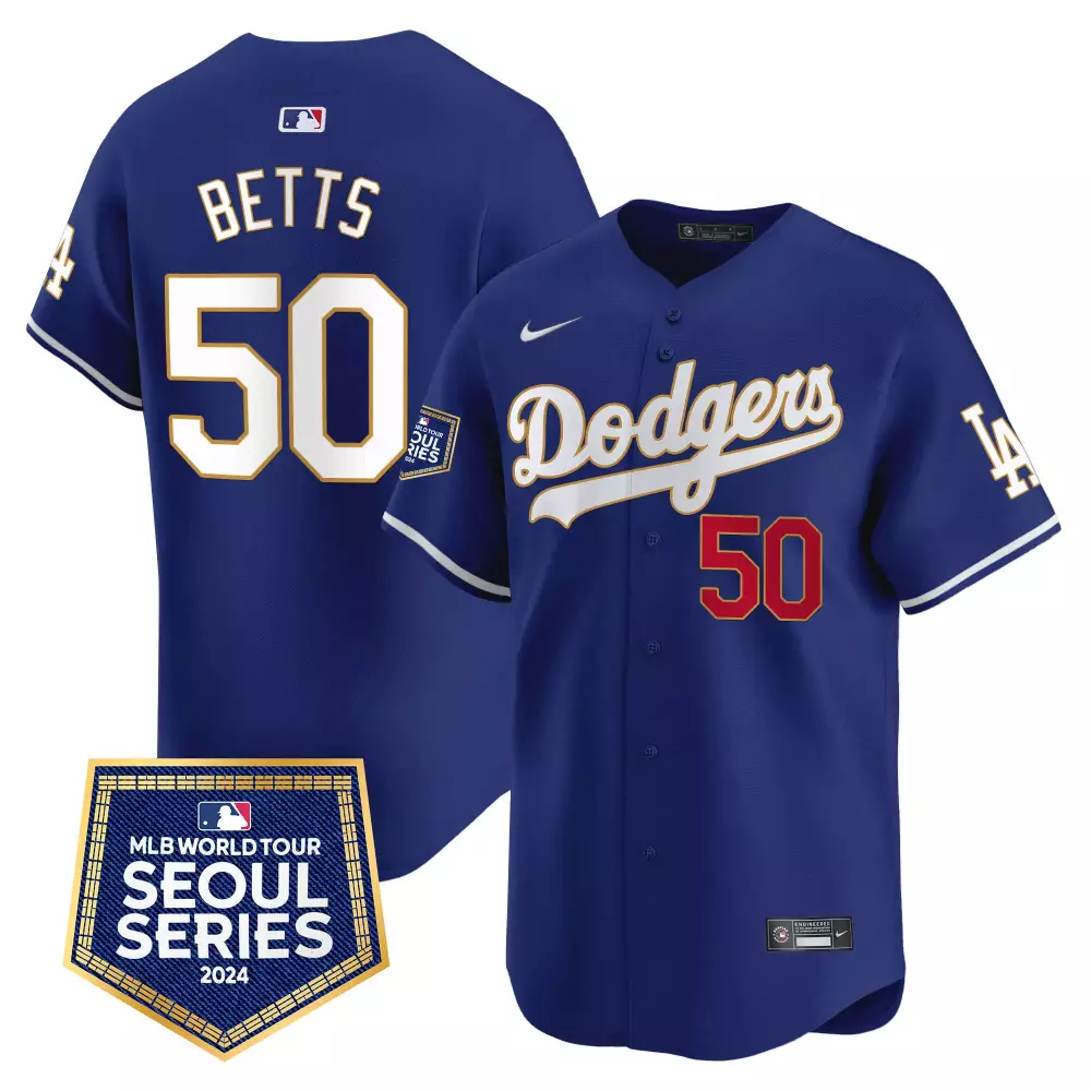 mookie betts royal mens los angeles dodgers 2024 world series gold trim vapor premier limited jersey v3 all stitched