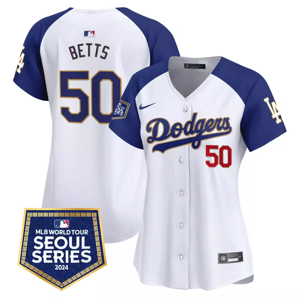 mookie betts white alternate womens los angeles dodgers 2024 world tour seoul series patch vapor premier limited jersey