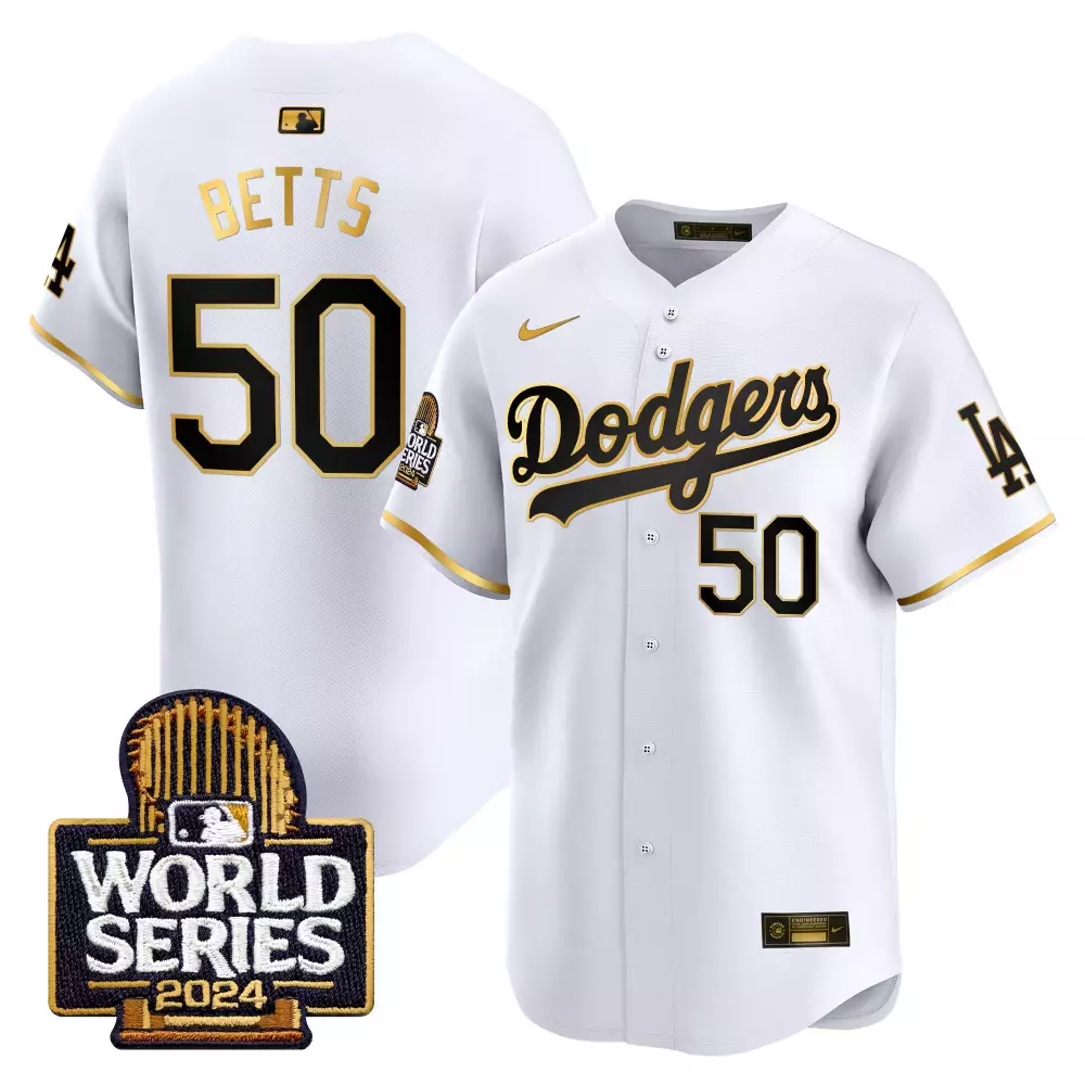 mookie betts white gold mens los angeles dodgers 2024 world series gold trim vapor premier limited jersey all stitched