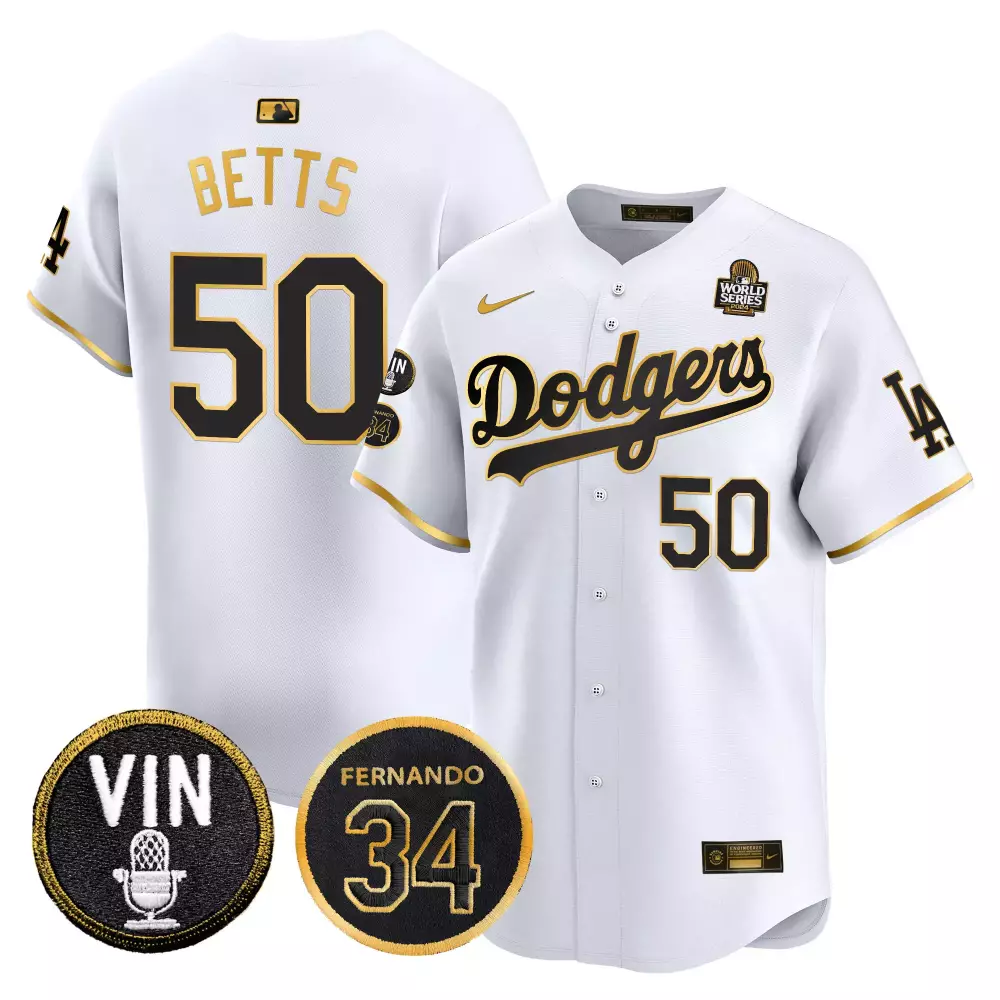 mookie betts white gold mens los angeles dodgers 2024 world series gold trim vapor premier limited jersey all stitched