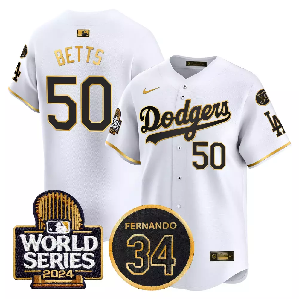 mookie betts white gold mens los angeles dodgers fernando memorial 2024 world series patch vapor premier limited jersey