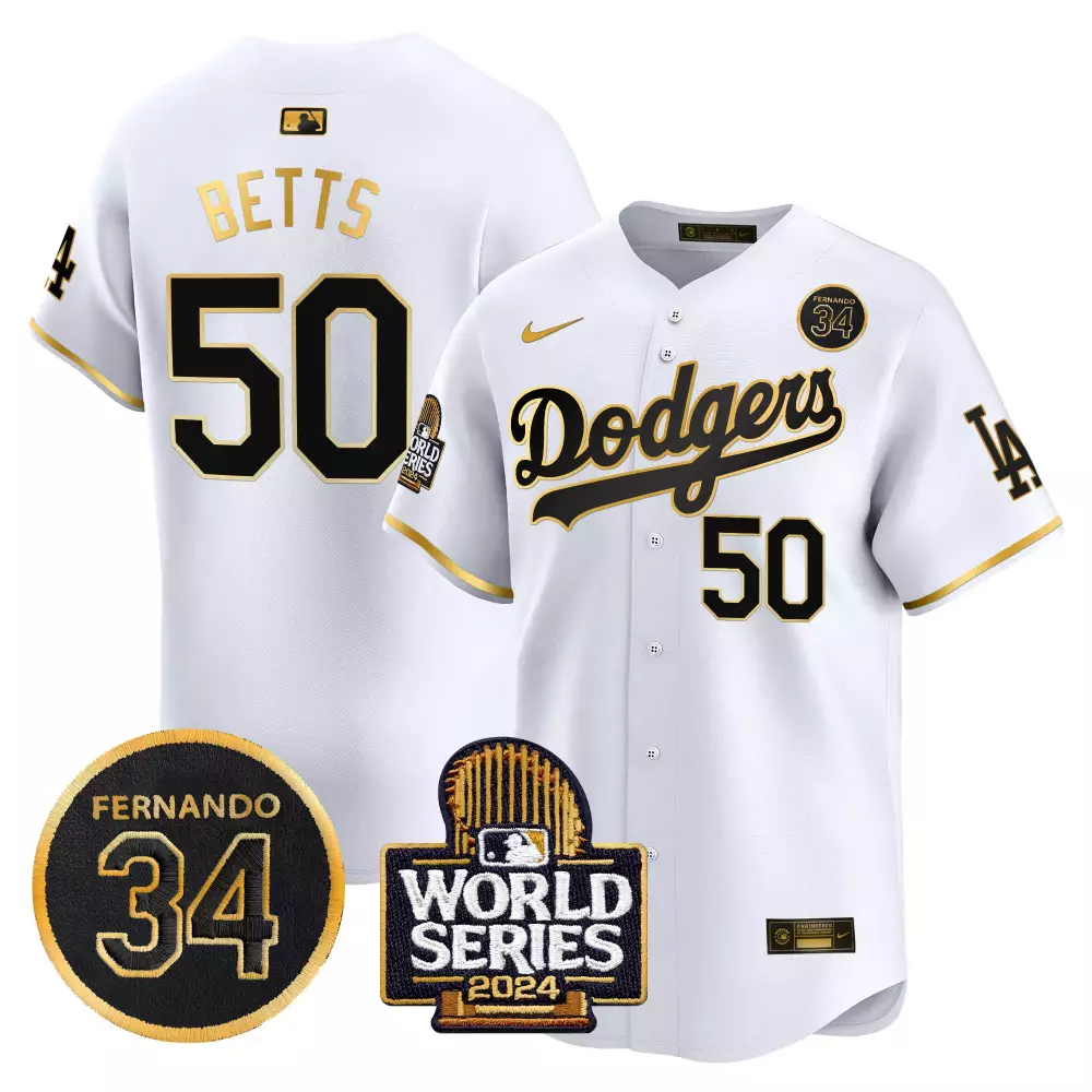 mookie betts white gold mens los angeles dodgers fernando memorial 2024 world series patch vapor premier limited jersey