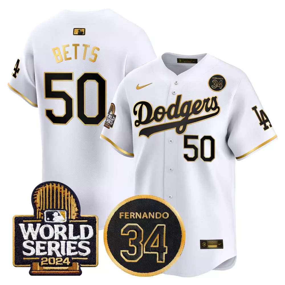 mookie betts white gold mens los angeles dodgers fernando memorial 2024 world series patch vapor premier limited jersey