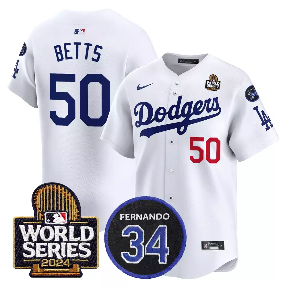 mookie betts white mens los angeles dodgers fernando memorial 2024 world series patch vapor premier limited jersey v2 al