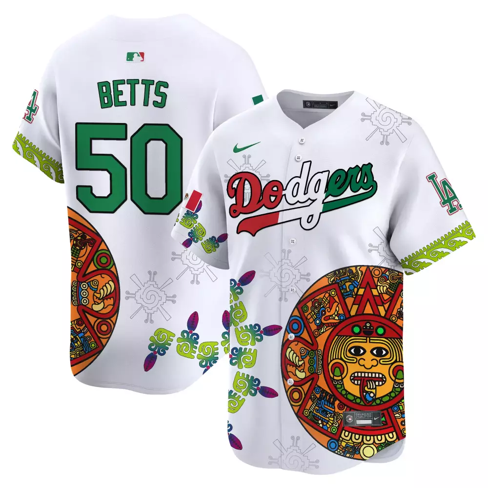mookie betts white mens los angeles dodgers mexico aztec calendar vapor premier limited jersey printed