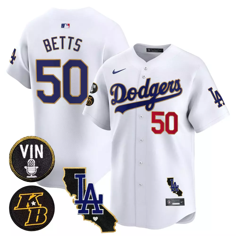 mookie betts white mens los angeles dodgers vin kobe patch gold trim vapor premier limited jersey v2 all stitched
