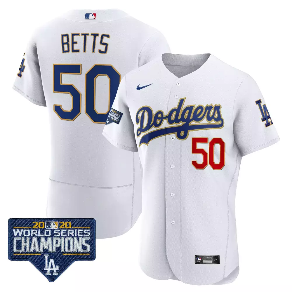 mookie betts white mens los angeles dodgers world series champions patch flex base gold trim jersey all stitched