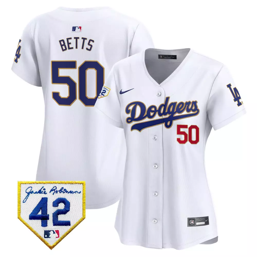 mookie betts white womens los angeles dodgers 2024 jackie robinson patch vapor premier limited jersey all stitched