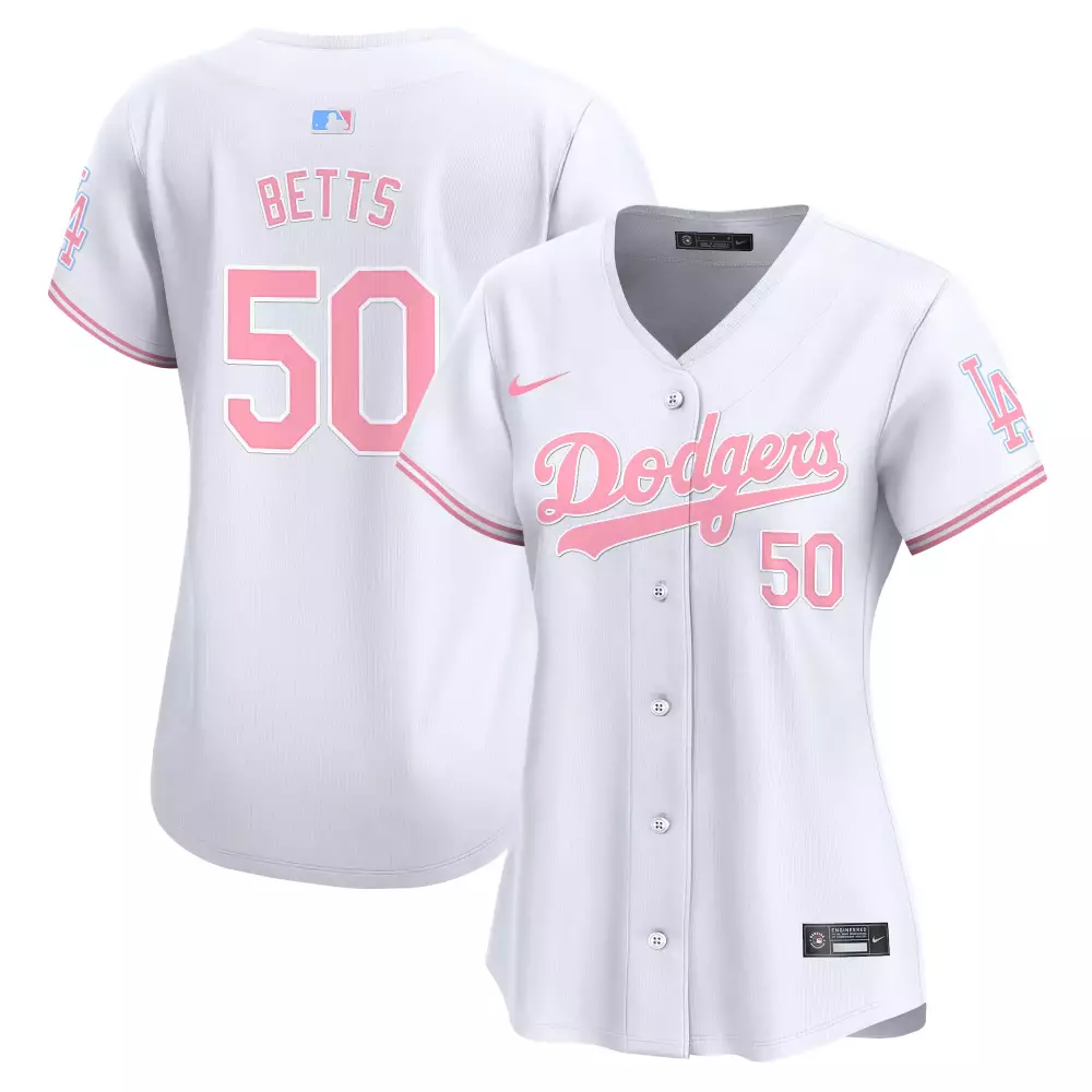 mookie betts white womens los angeles dodgers bubblegum pink vapor premier limited jersey all stitched