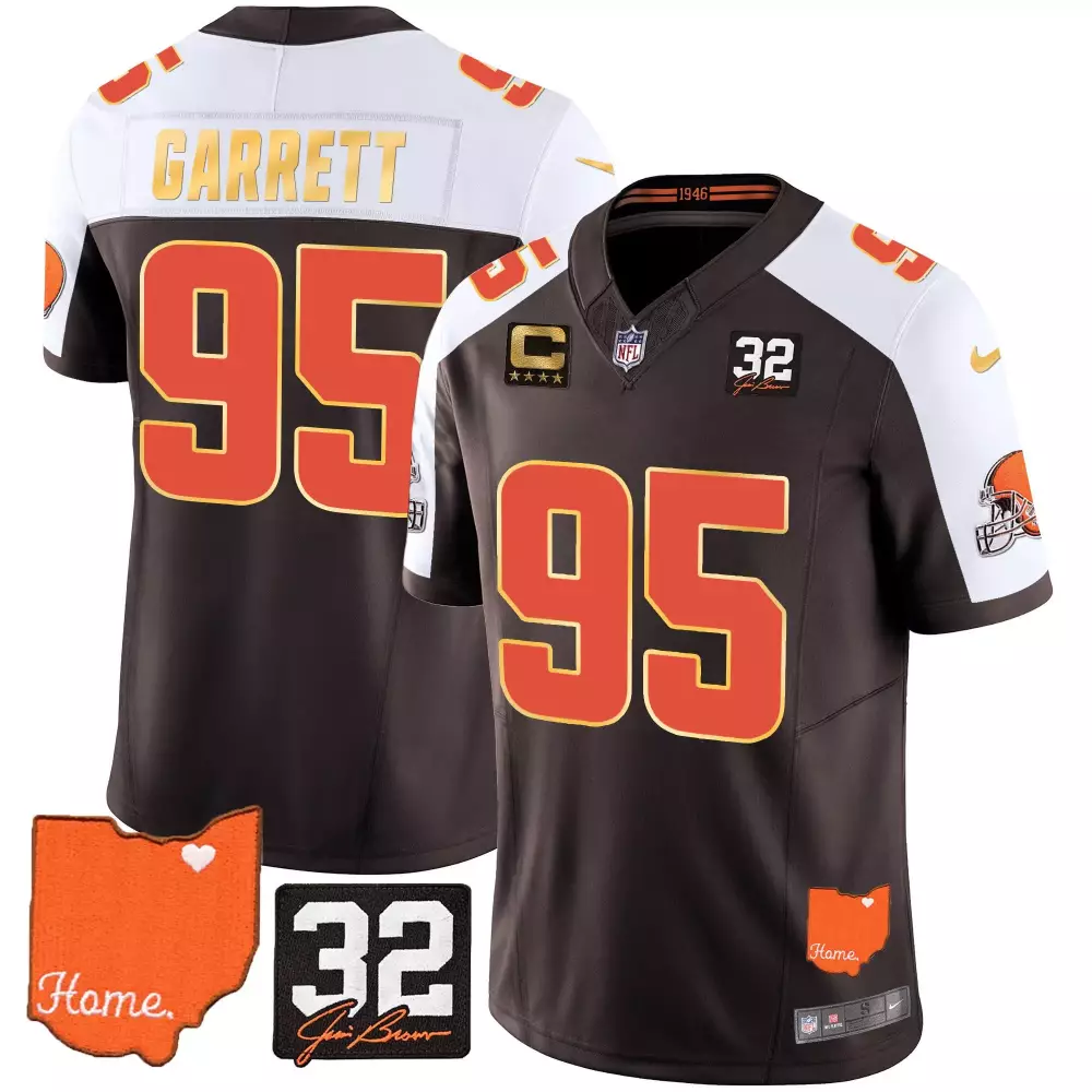 Myles Garrett Cleveland Browns 32 Jim Brown Memorial Gold Trim Jersey | Stitched Fan Gear | For Men, Women & Youth