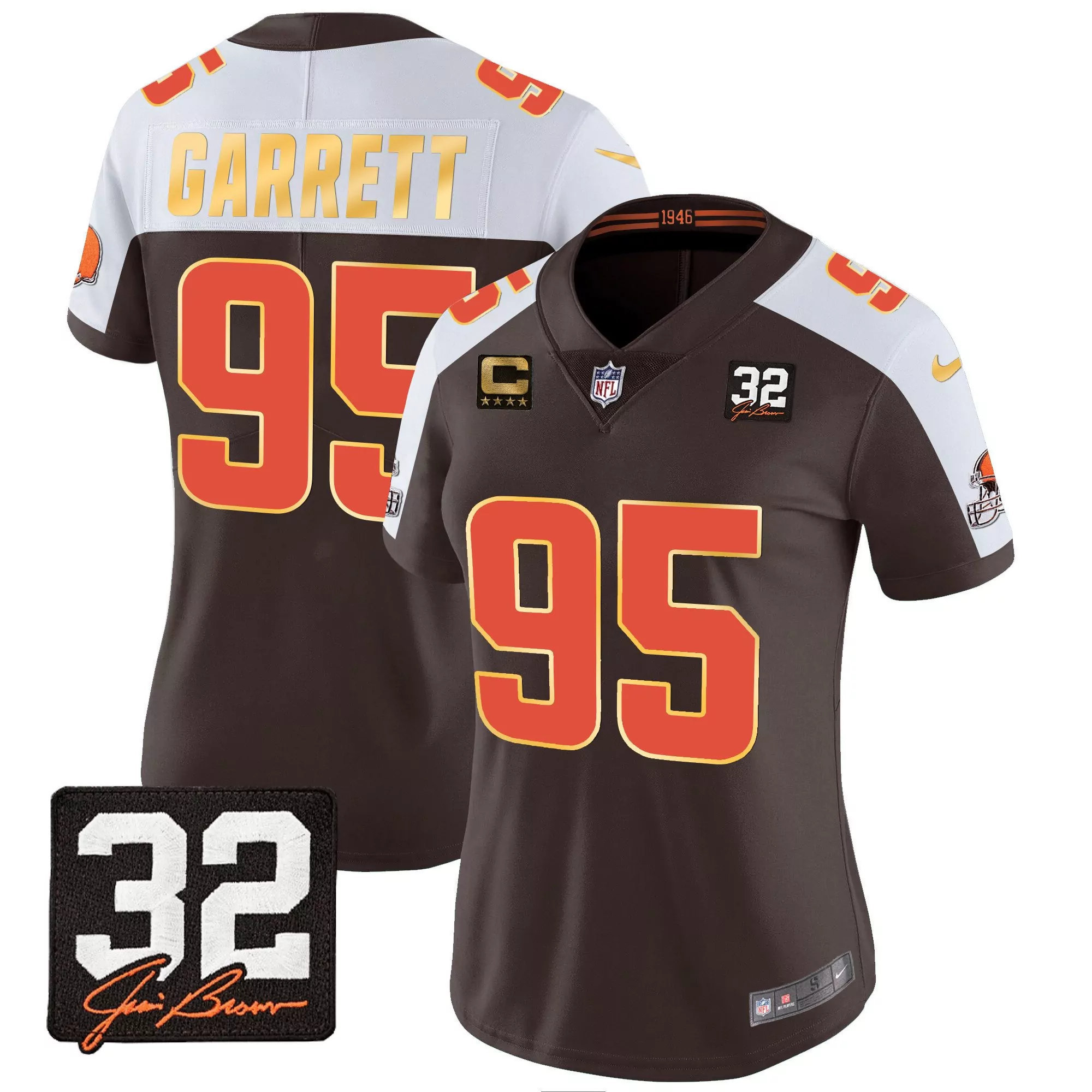 myles garrett alternate womens cleveland browns 32 jim brown memorial patch gold trim jersey all stitched