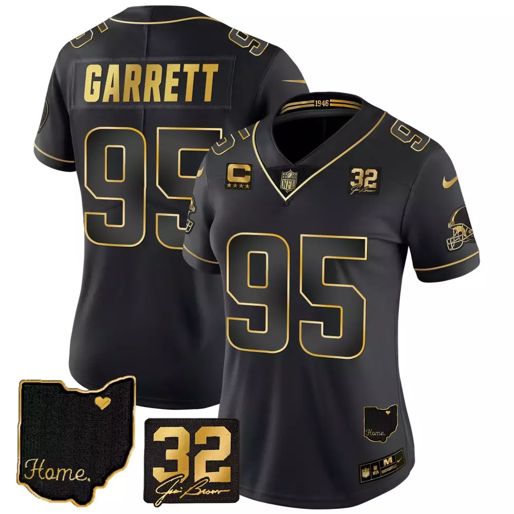myles garrett black gold womens cleveland browns 32 jim brown memorial home patch gold jersey all stitched