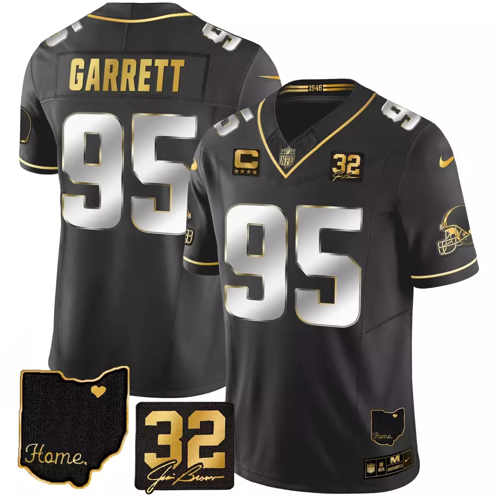 myles garrett black gold womens cleveland browns 32 jim brown memorial home patch gold jersey all stitched