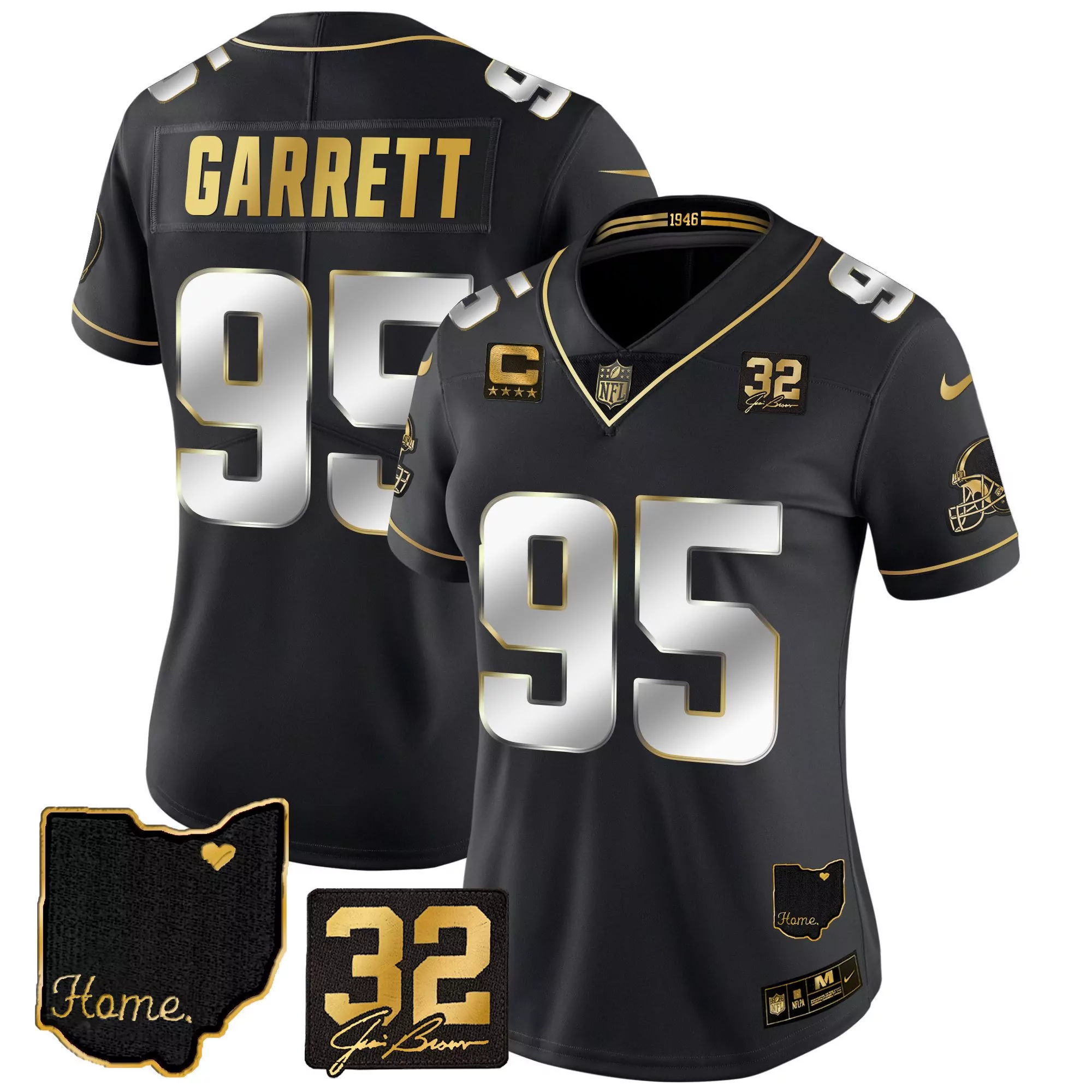 myles garrett black limited womens cleveland browns 32 jim brown memorial home patch gold jersey all stitched