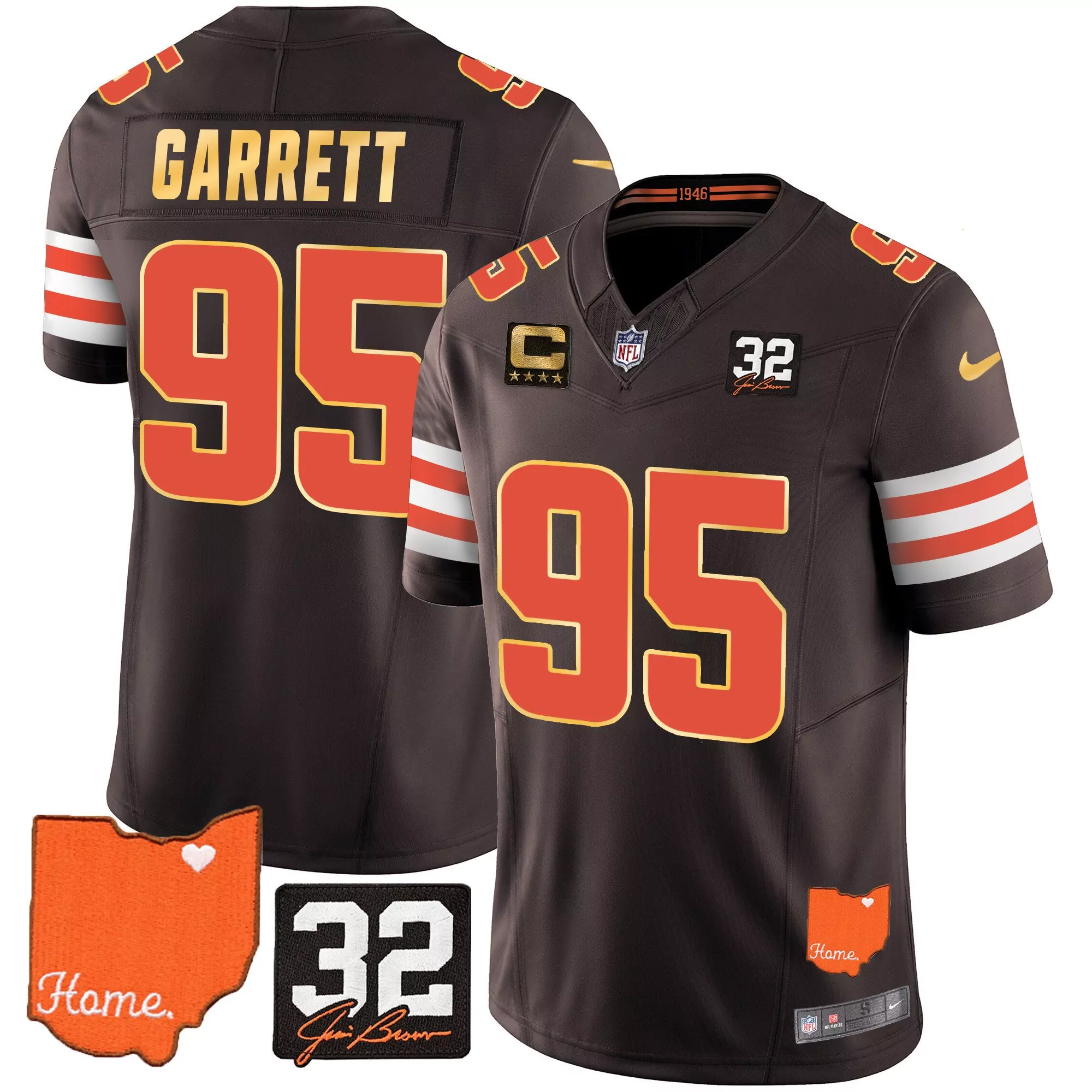 myles garrett brown mens cleveland browns 32 jim brown memorial home patch gold trim jersey all stitched