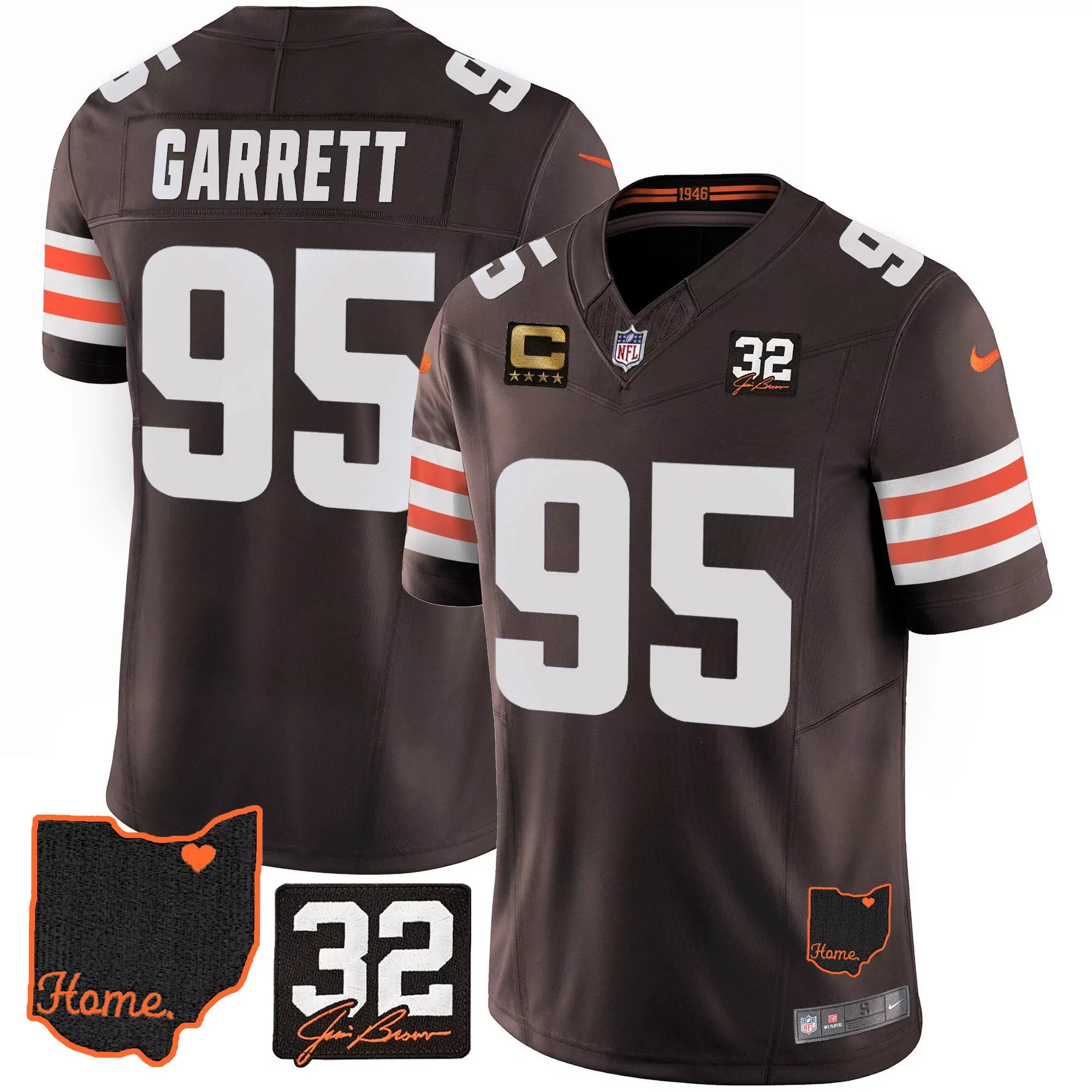 myles garrett brown mens cleveland browns 32 jim brown memorial home patch gold trim jersey all stitched
